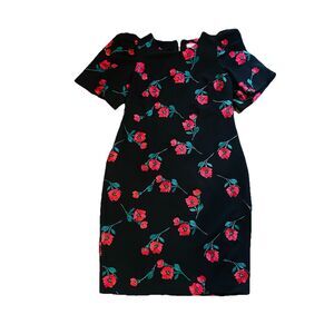 Calvin Klein Dress Women’s 10 Black Red Sheath Puff Sleeve Midi Embroidered Chic